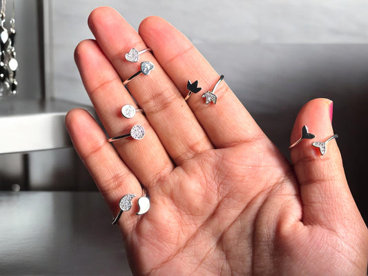 Celestial Charm Adjustable Silver Rings – Set of 5