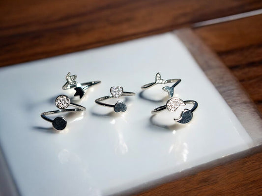 Celestial Charm Adjustable Silver Rings – Set of 5